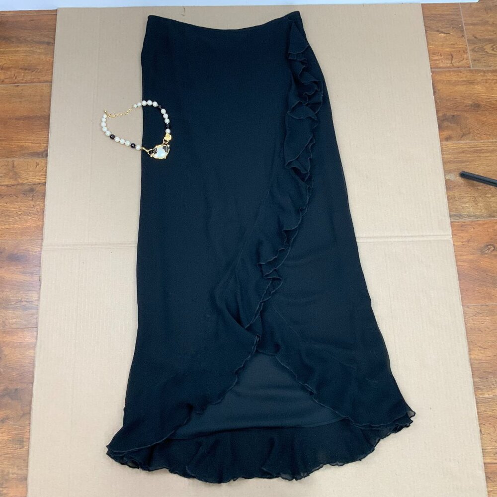 Vintage A.B.S. by Allen Schwartz Black Maxi Wrap Skirt Cascading Ruffles Sz 12 - Picture 3 of 16